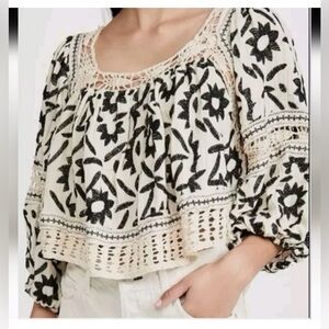 Christian Siriano Boho Crochet Linen Blend Top Black & Cream Sz  Large